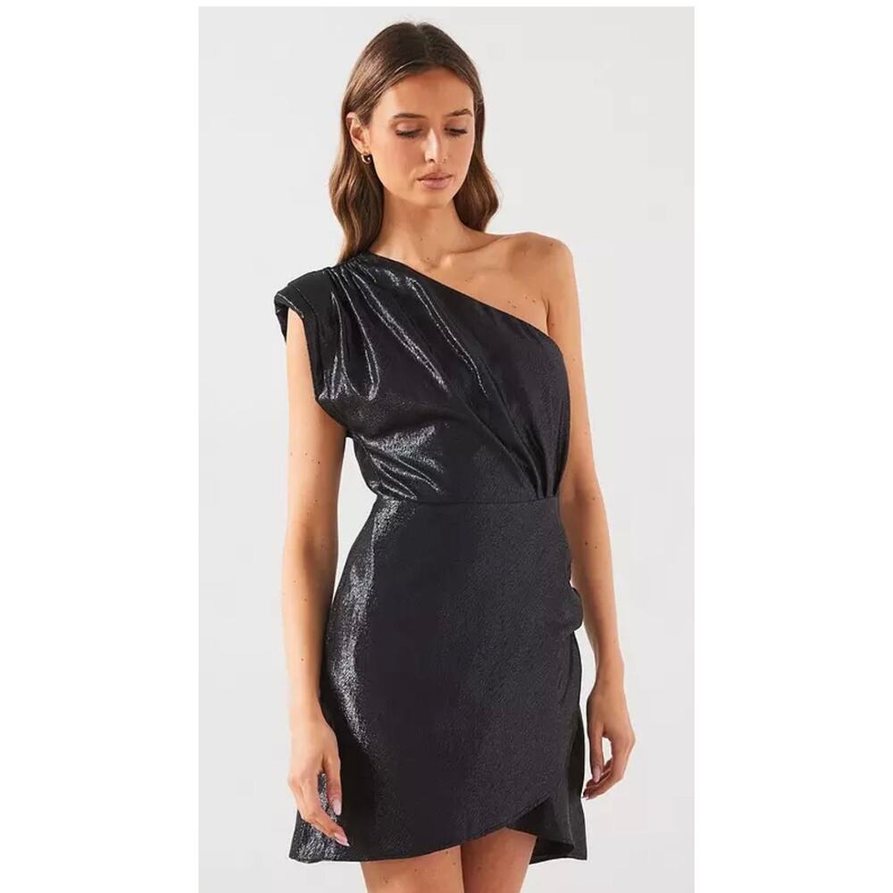 MNG by Mango One Shoulder Textured Shimmer Asymetrical Mini Dress Black. Size 4